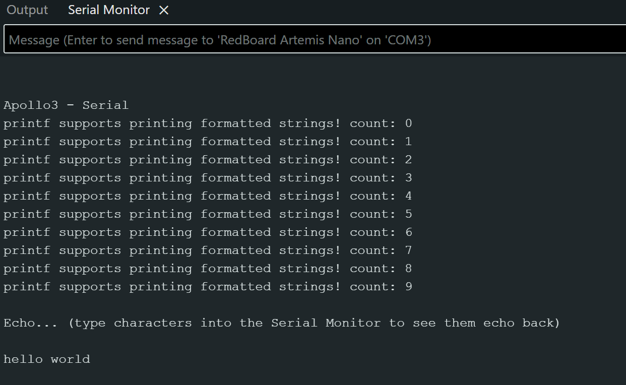 Arduino Serial Monitor showing printf output and echo test
